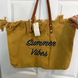 Urban Expressions Mustard Tote with Navy 'Summer Vibes' Embroidery